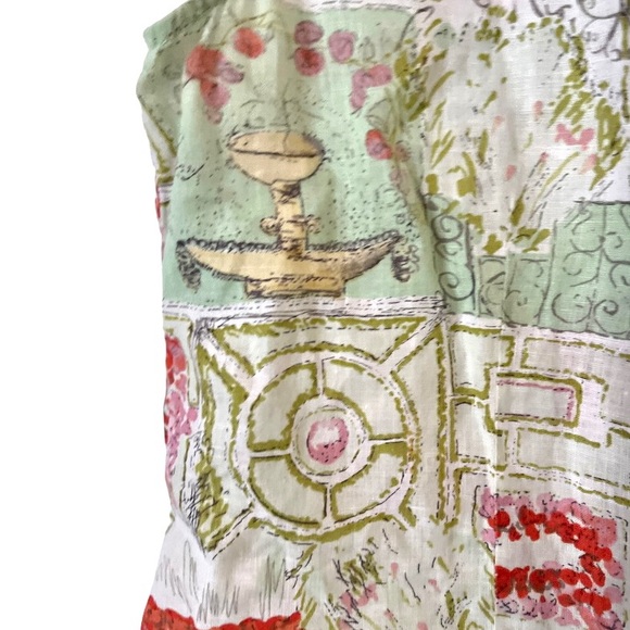 Putumayo Vintage 70s 80s 100% Linen Sleeveless Patterned Top Ruffle Front Button - Picture 2 of 5